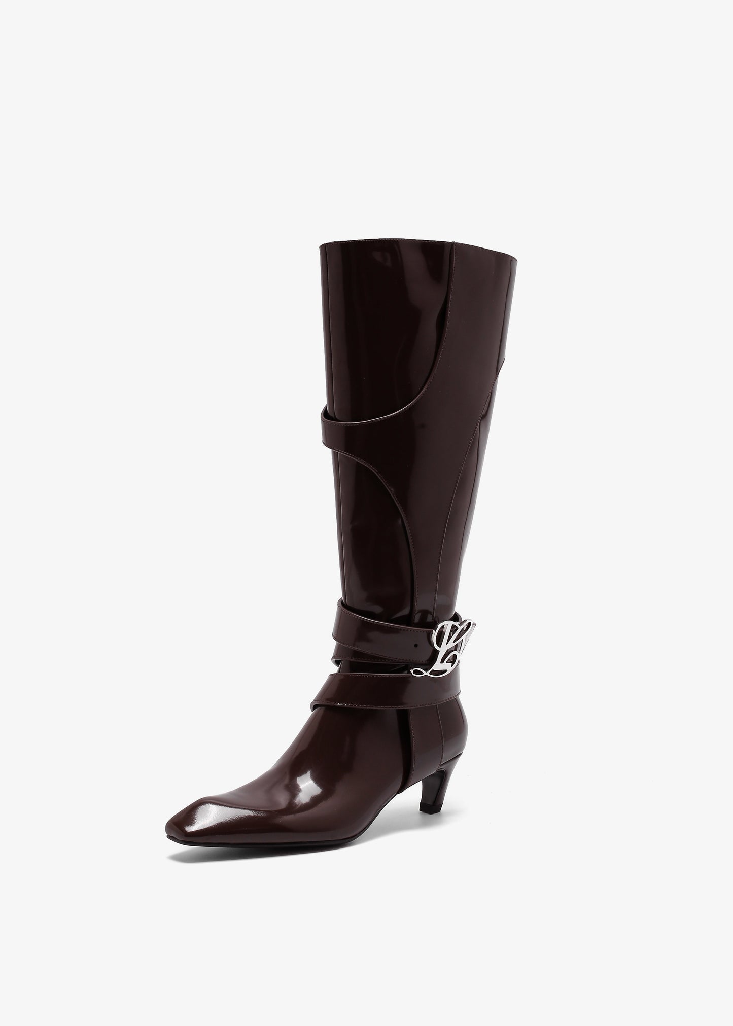 A smooth brown kitten heel boot with a wide shaft and an interior zipper, featuring a polished buckle detail with the LUAR signature L logo, on a white background.