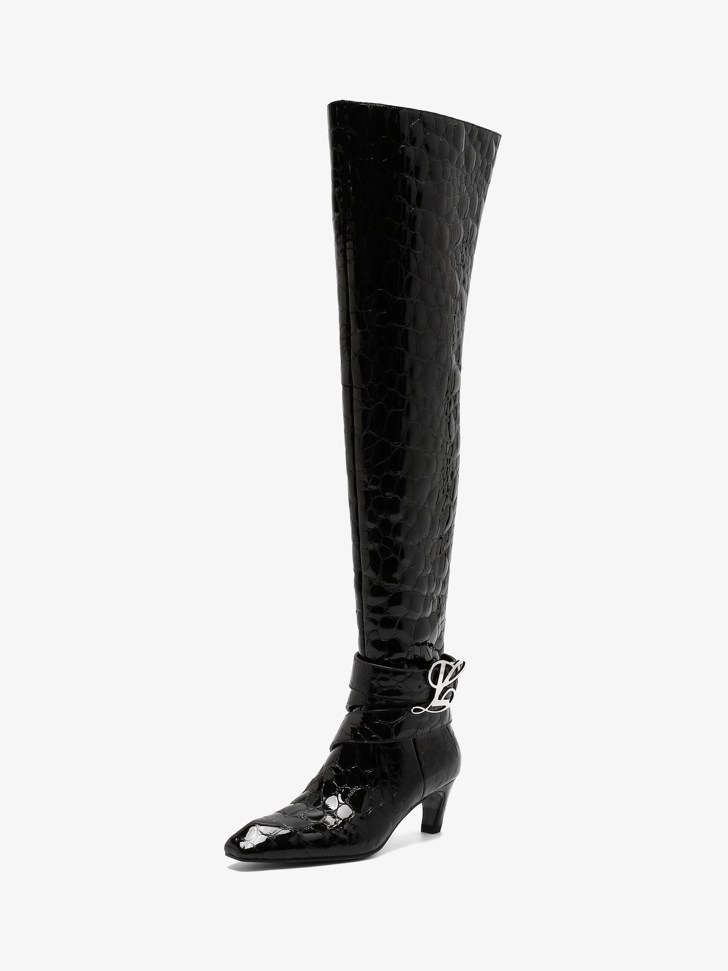 Linda Thigh High Boot in Black Pebble Leather