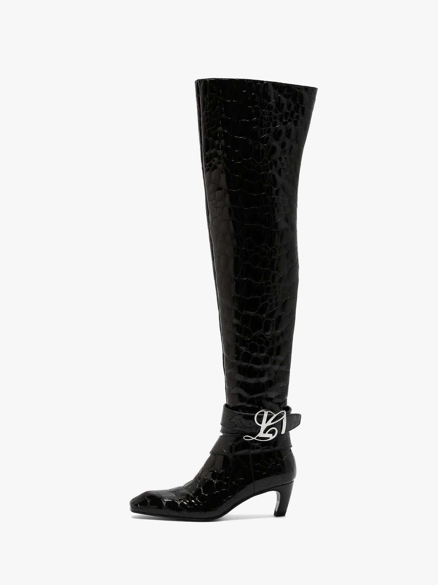 Linda Thigh High Boot in Black Pebble Leather