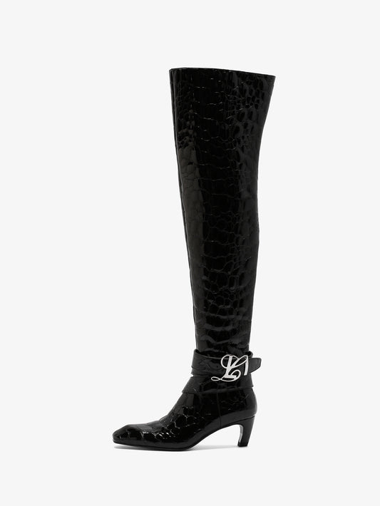 Linda Thigh High Boot in Black Pebble Leather