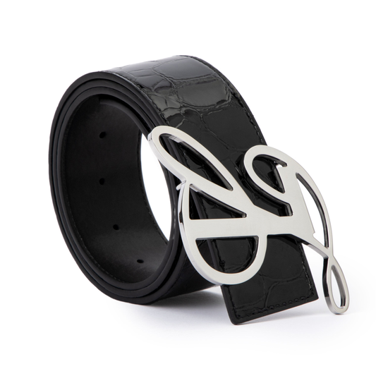 Monogram Logo Belt - Black Glossy Pebble